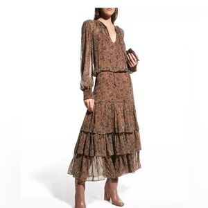 Veronica Beard Brown Floral Tiered Midi Dress